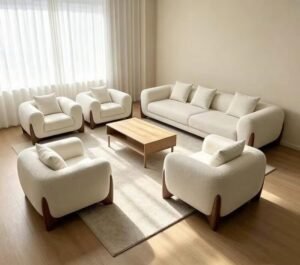Cream Boucle Sofa Set with Wooden Legs (3-Seater + 2 Armchairs)