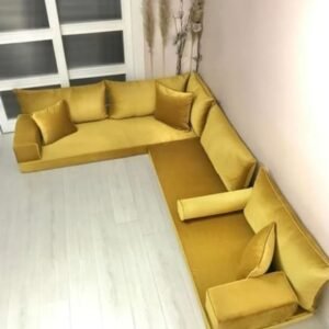 Mustard Yellow Velvet L-Shaped Majlis Sofa