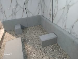 Grey Majlis Floor Seating - Marble Wall Setting