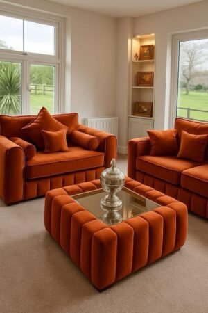 Rust Orange Velvet Armchair Set with Round Ottoman