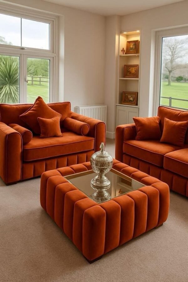 Rust Orange Velvet Armchair Set with Round Ottoman