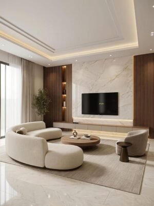 White Curved Modular Sofa - Marble Living Room