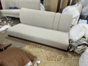 Ivory Fabric 3-Seater Sofa - Wooden Trim