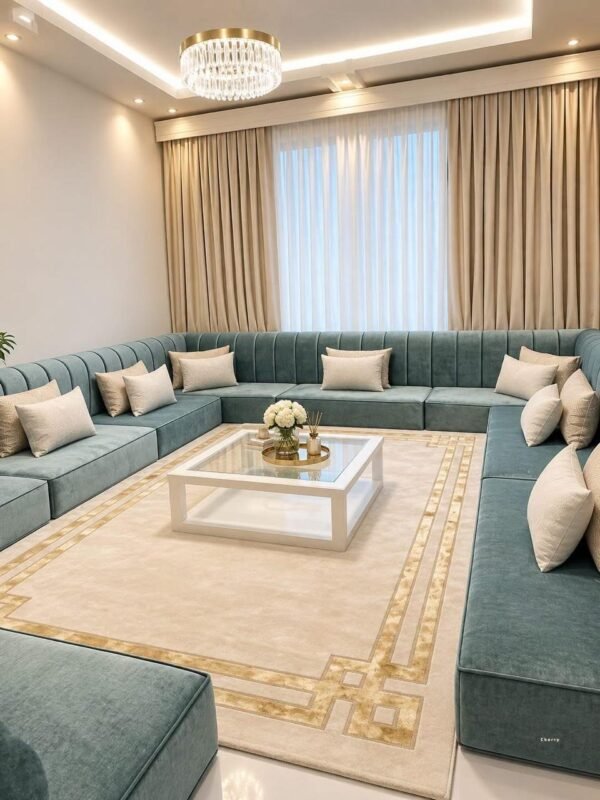 029-1.jpg Teal Velvet U-Shaped Majlis Sofa with Gold Trim