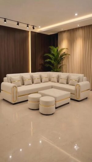 Cream & Gold Majlis Sofa Set with Ottomans