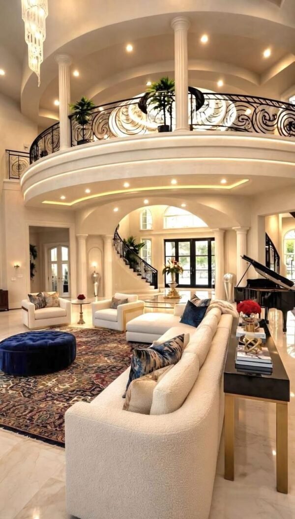 Cream Living Room Set - Curved Staircase Interior