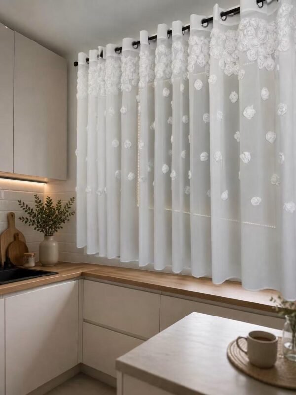White Sheer Floral Curtain - Kitchen Window