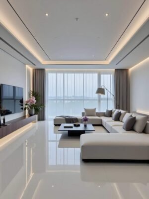 White Modern Sectional Sofa - Marble Floor Living Room