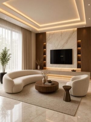 Cream Curved Sofa with Wooden Side Tables