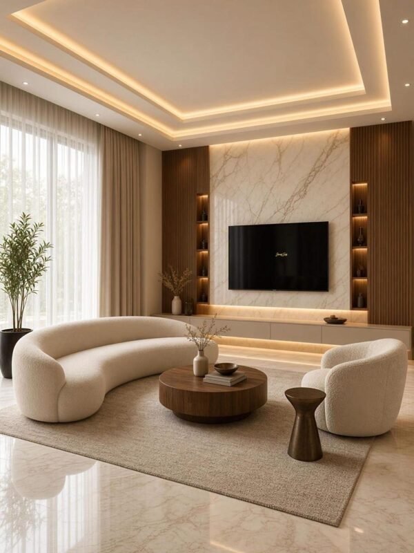 Cream Curved Sofa with Wooden Side Tables