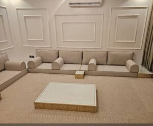 Beige Majlis Floor Seating with Gold Trim Ottoman