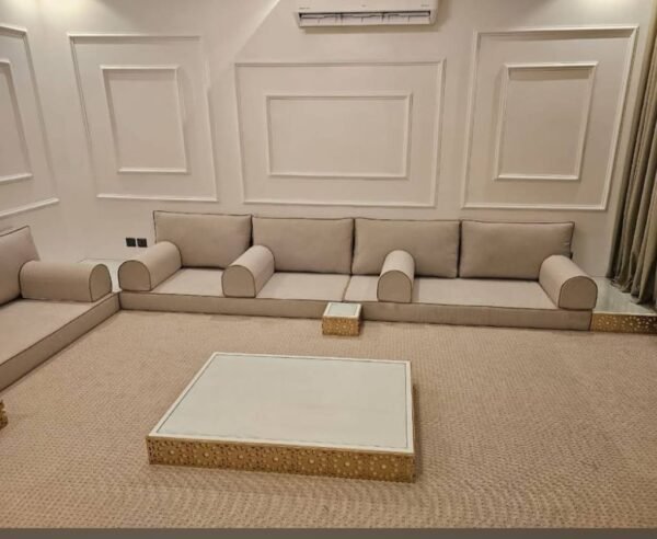 Beige Majlis Floor Seating with Gold Trim Ottoman