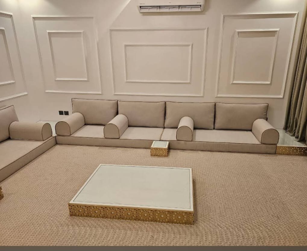 Beige Majlis Floor Seating with Gold Trim Ottoman