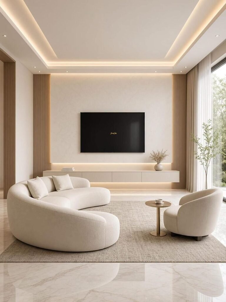 Cream Curved Sofa – Modern TV Wall Living Room